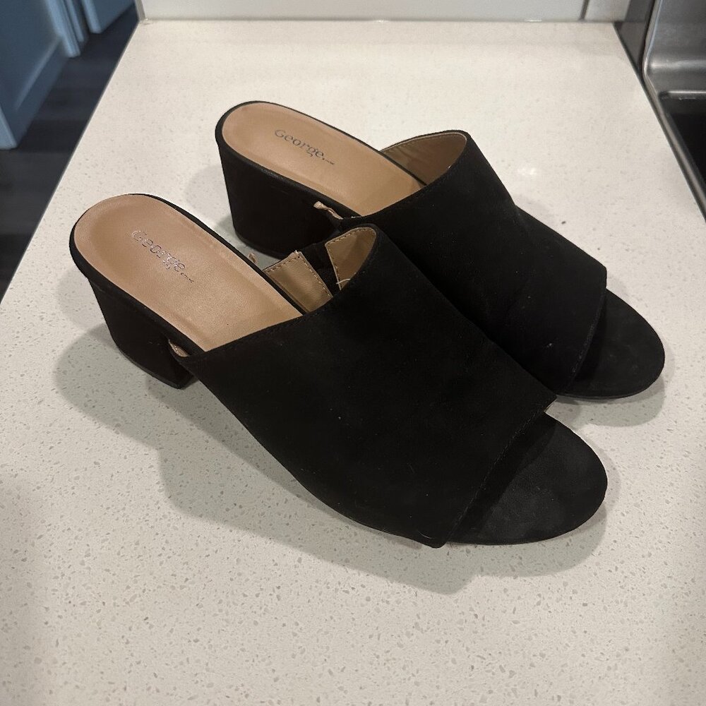 George Black Suede Heels with Open Toe and Block Heel